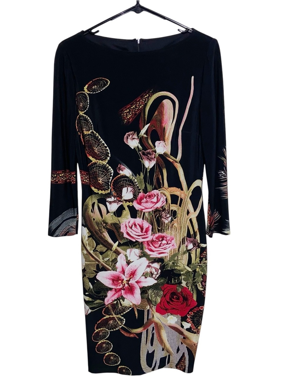 Joseph Ribkoff Dress Womens Size 6 Black Pink Floral Roses Artsy Evening Party